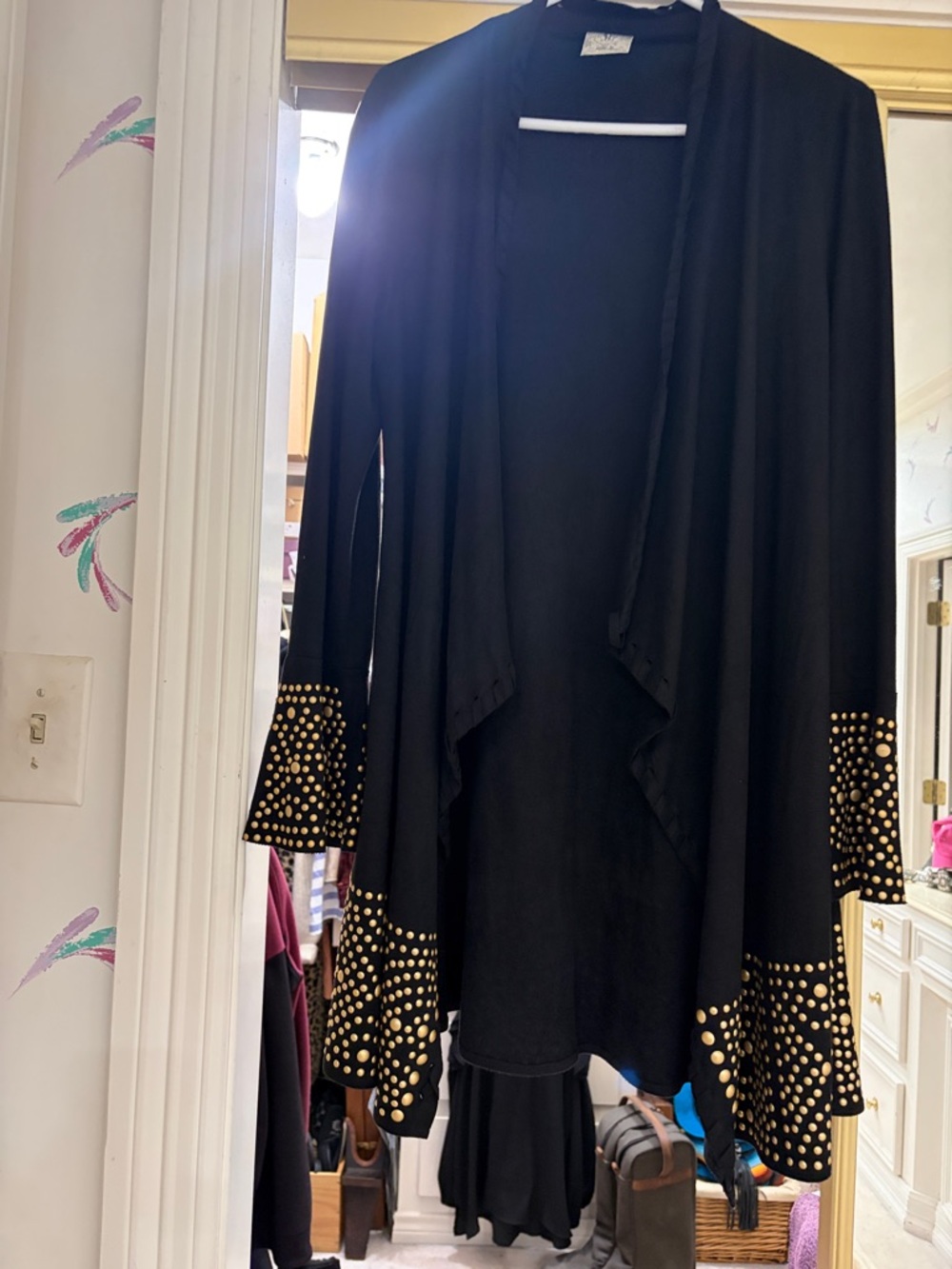 Black Draped Cardigan with Gold Stud Detail